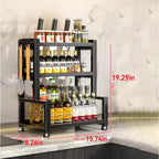 Kitchen Spice Rack Organizer, 3 Tier Adjustable Metal Storage with Knife Holder Hooks Black