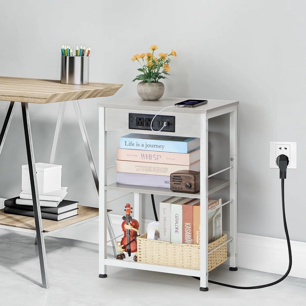 3-Tier Charging Nightstand w/3 USB & Outlets - Bedside Table with Storage Shelf for Bedroom/Dorm/Office, White