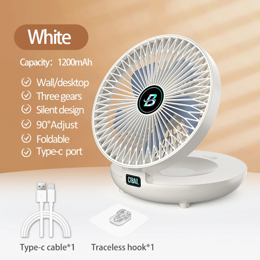 2024 New 90° Foldable Fan Rechargeable Wall Mounted Fan Table Fan Port