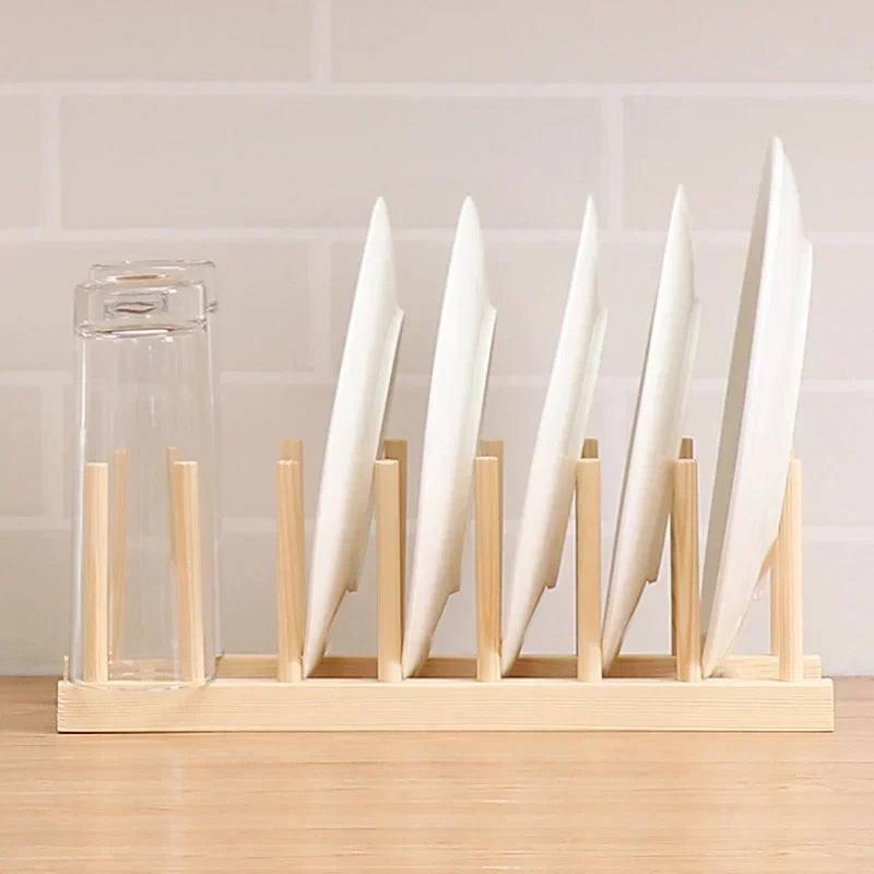 Wooden Plate Rack Kitchen Dishes Stand Plate Dish Drying Rack Cutting Boards Cups Organizer Shelf Multifunctional Display Stand