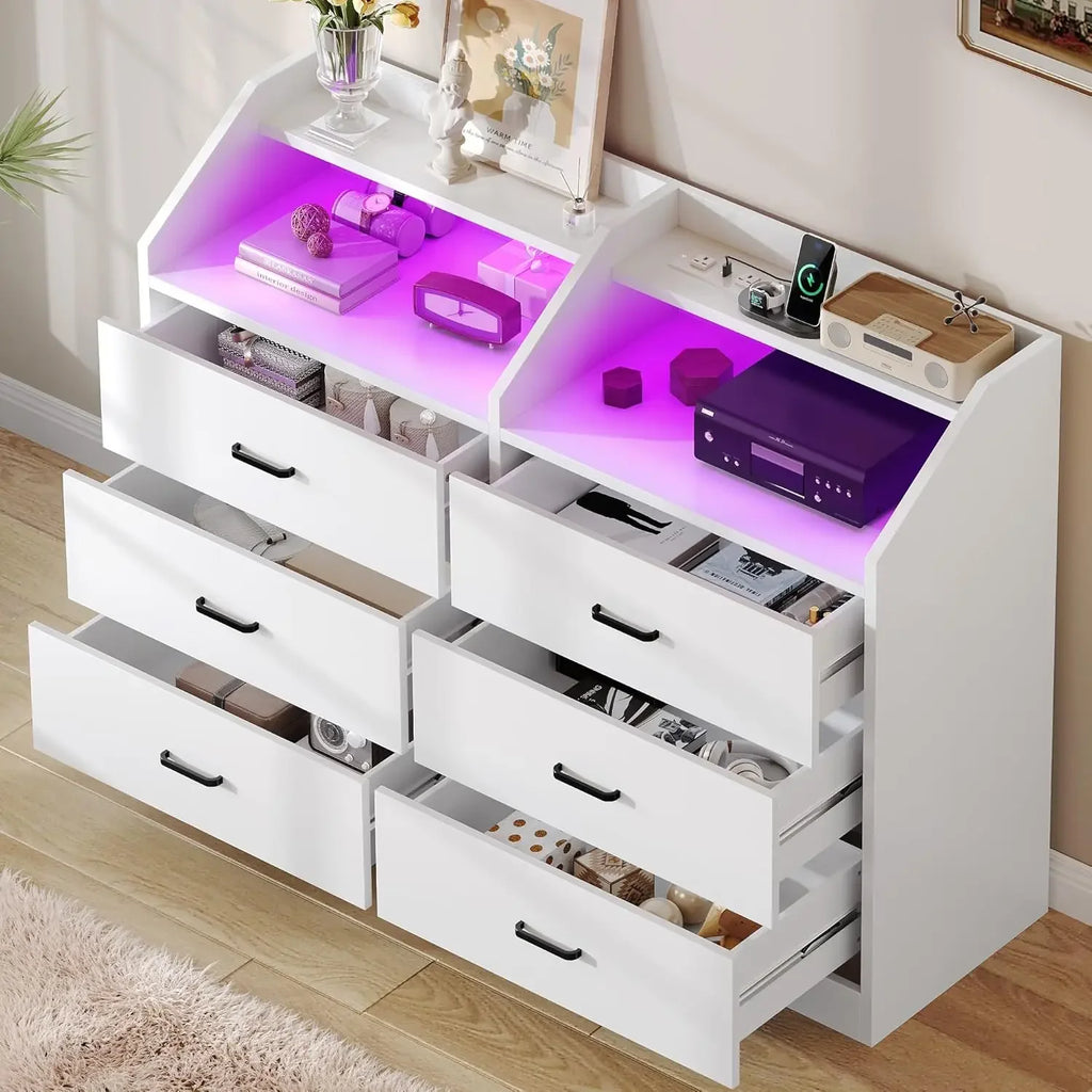 6 Drawer Dresser with LED Light and Charging Station, Modern Chest of Drawers, Wide Drawer Organizer Cabinet for Living Room