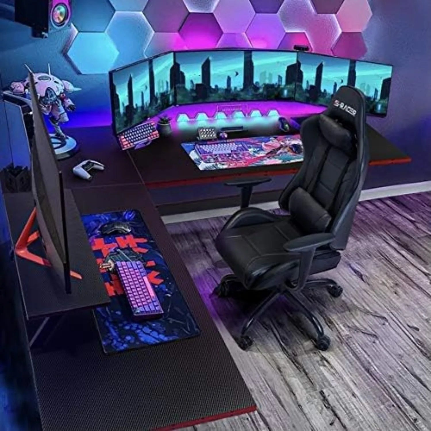 L Shaped Gaming Desk Computer Corner Desk Table with Large Monitor Riser Stand for Home Office Writing Workstation (51 Inch) ﻿