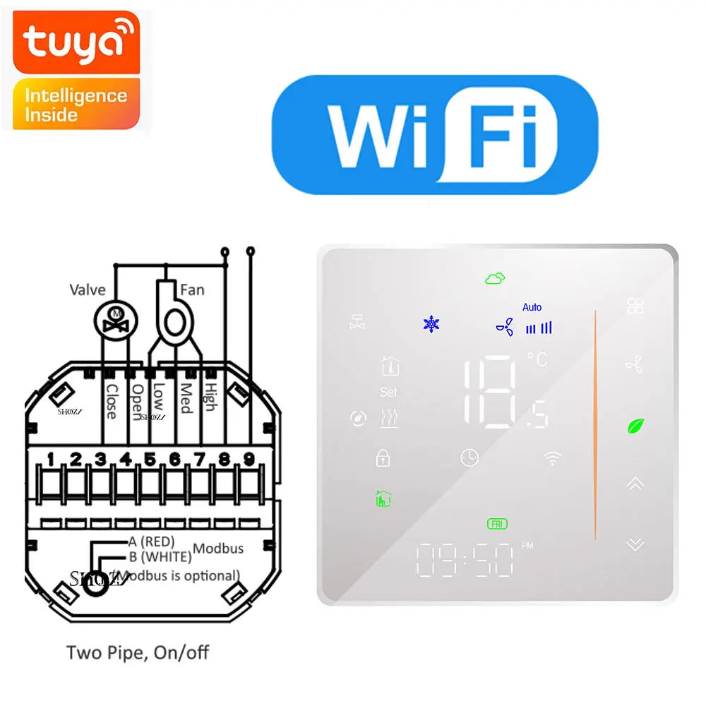 Zigbee & Wi-Fi & MODBUS TUYA Thermostat for Fan Coil Unit, 2P/4P, Cooling/Heating Function,RS485 95-240V, Smart HVAC Control