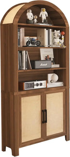 71" Tall Arched Bookcase with Storage, Modern 6-Tier Arched Cabinet with Door,Arched Bookshelf Cabinet with Open Display Storage