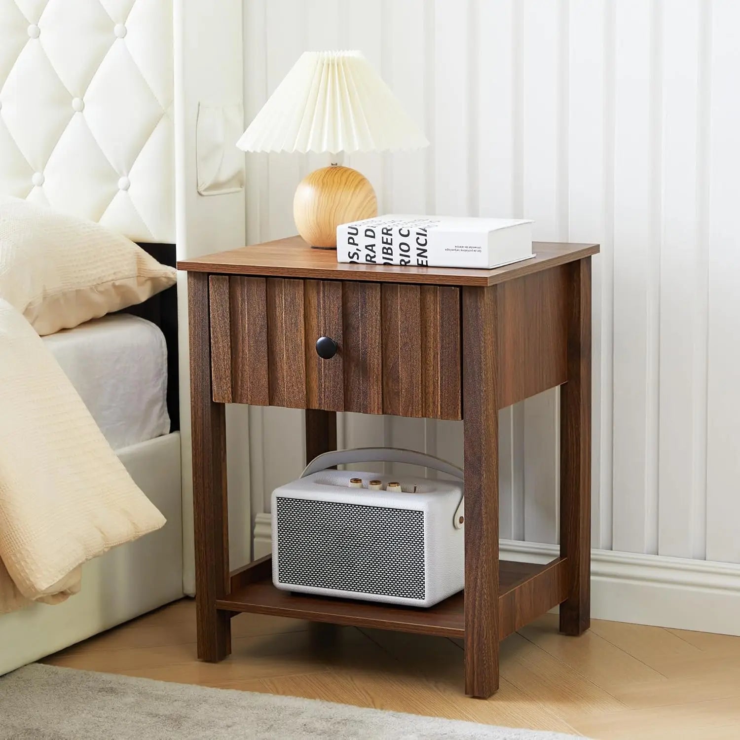 Wood Nightstand, 21.65" H Bedside Table with Wide Fluted Finish, Modern Night Stands with Drawer, Mid Century End Table