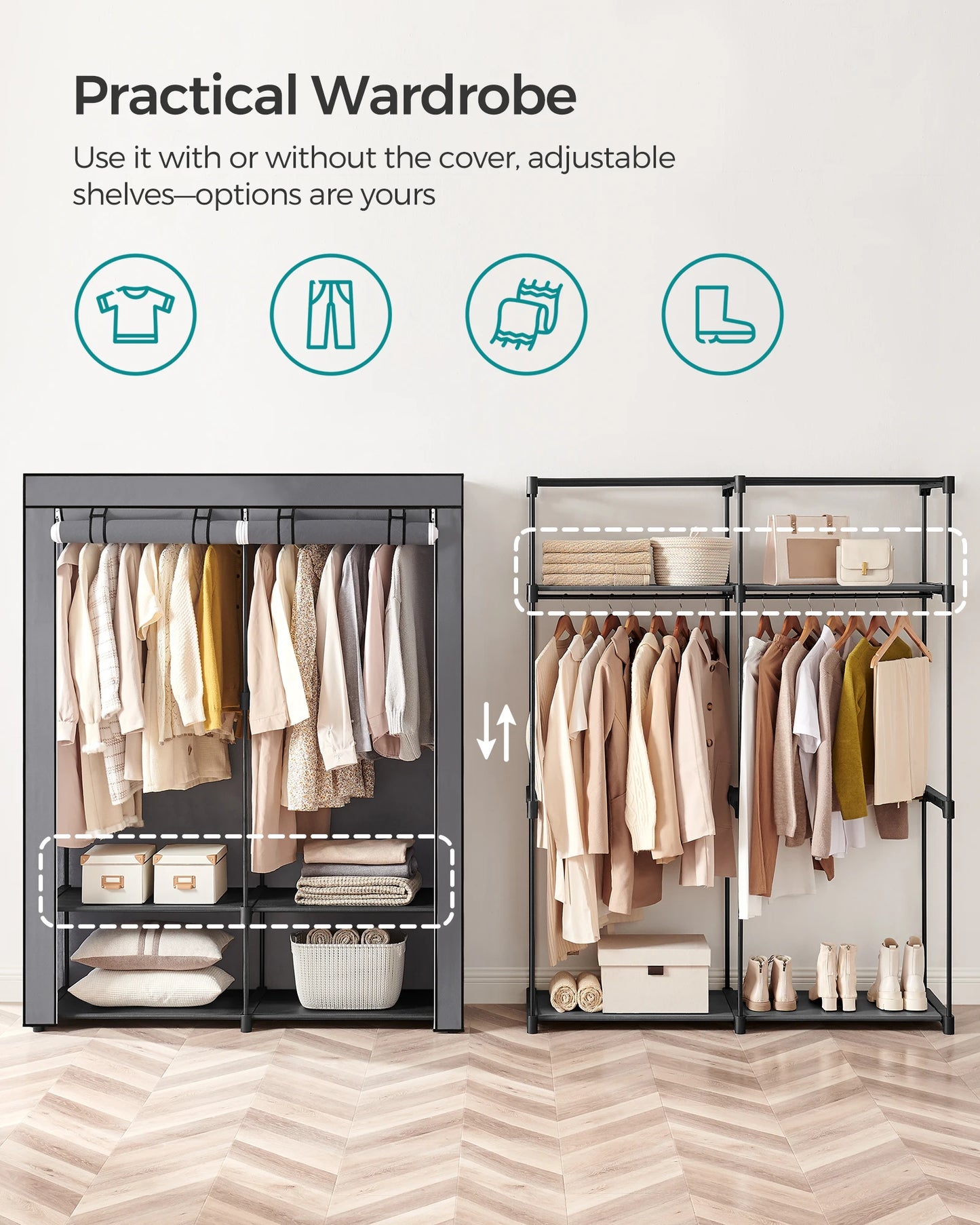 SONGMICS Closet Wardrobe, Portable Closet for Bedroom, Clothes Rail with Non-Woven Fabric Cover, Clothes Storage Organizer