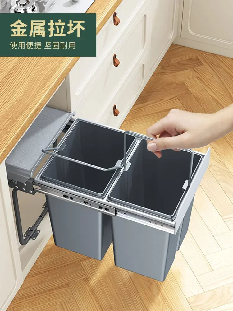 Kitchen embedded trash can cabinet food waste double bucket classification household with lid pull basket hidden cleaning bucket