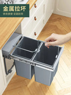 Kitchen embedded trash can cabinet food waste double bucket classification household with lid pull basket hidden cleaning bucket
