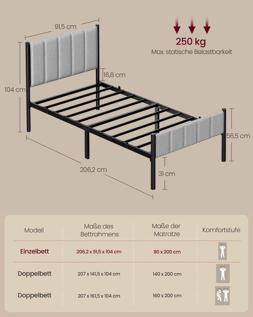 VASAGLE bed rack, with upholstered headboard, bed frame, steel, easy assembly