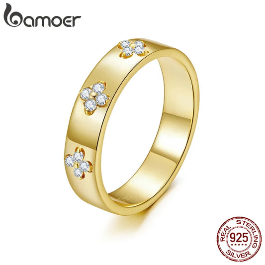 BAMOER 925 Sterling Silver Lucky Clover Moissanite Ring - Gold Plated D Color Round Cut Wide Band for Women | AlluCanFind
