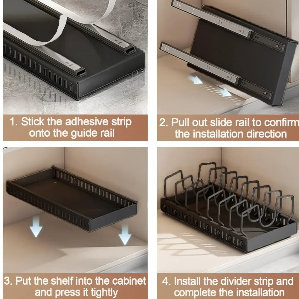 Kitchen Cabinet Pull Out Tray Organizer Adjustable Dish Rack with Slide Rails for Pots and Pans Storage