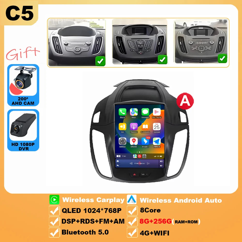 Wireless Android 15 Carplay For Ford Kuga 2 Escape 3 2012-2019 9.7 Inch Tesla Style Car Multimedia Player 5G Wifi Touch Display