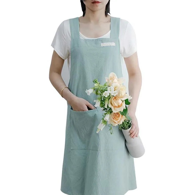 Stain-resistant Cotton Linen Cross-back Kitchen Apron With Pocket Plain Women's Pinafore For Cooking Cleaning Gardening Baking