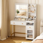 Vanity Desk with LED Lighted Mirror and Drawers Cabinet Open Storage Shelves Dressing Table for Girls Bedroom Makeup Room