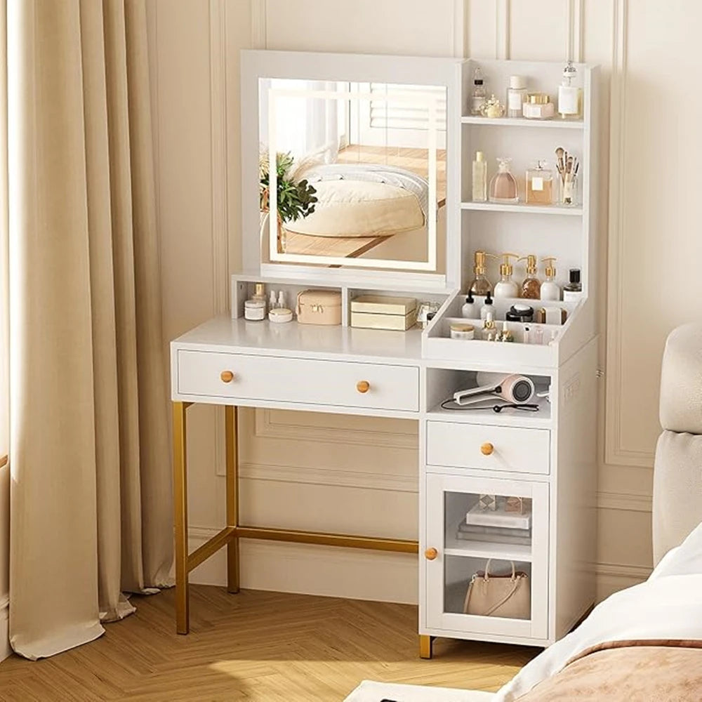 Vanity Desk with LED Lighted Mirror and Drawers Cabinet Open Storage Shelves Dressing Table for Girls Bedroom Makeup Room