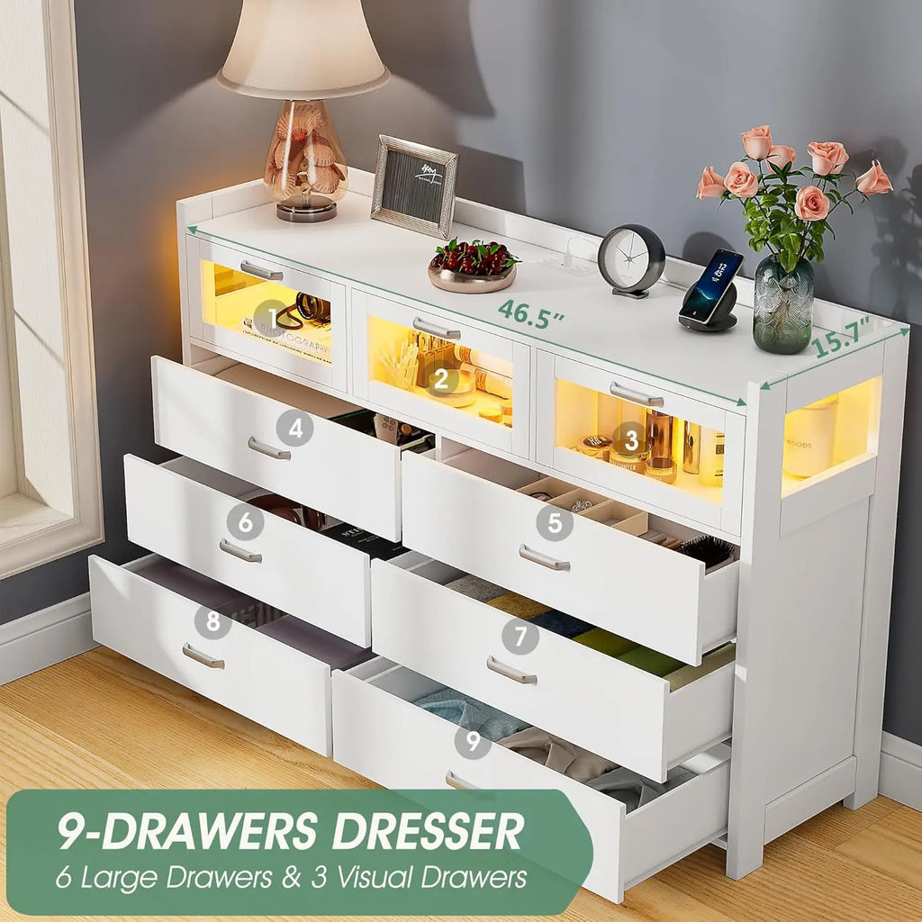 White Dresser for Bedroom, 9 Drawers Dresser with LED Lights and Charging Station, Chest of Dresser for Bedroom.