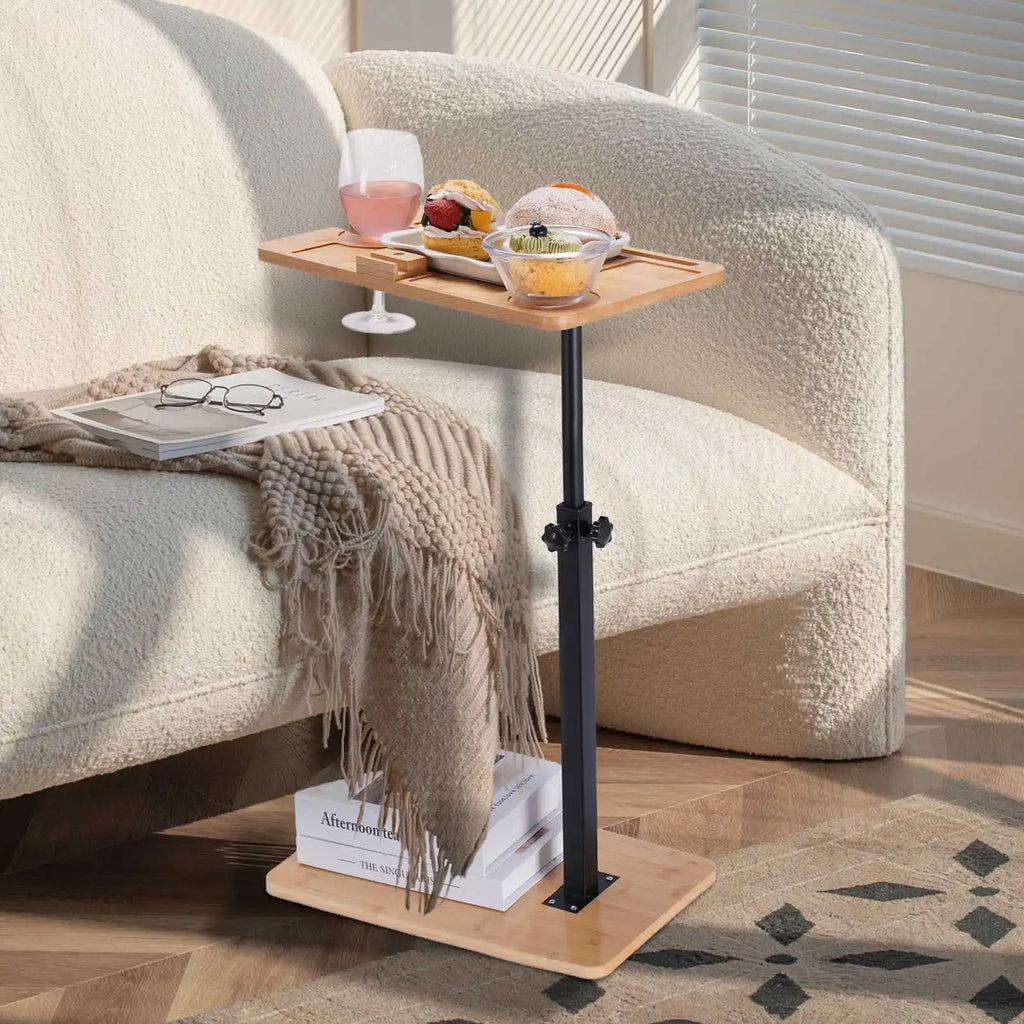 C-shaped Small Square Table, 360° Rotatable Sofa Tray Adjustable Height, Suitable for Bedroom, Living Room, Bathroom