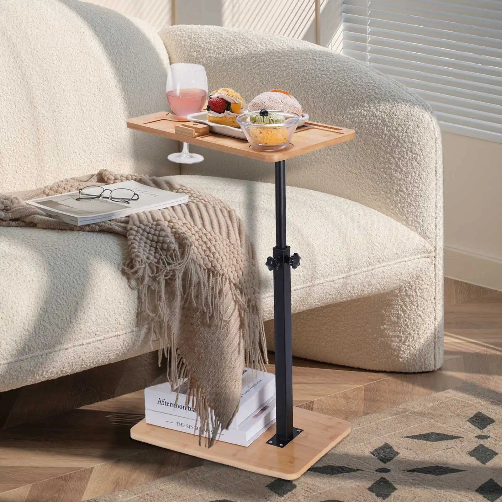 C-shaped Small Square Table, 360° Rotatable Sofa Tray Adjustable Height, Suitable for Bedroom, Living Room, Bathroom