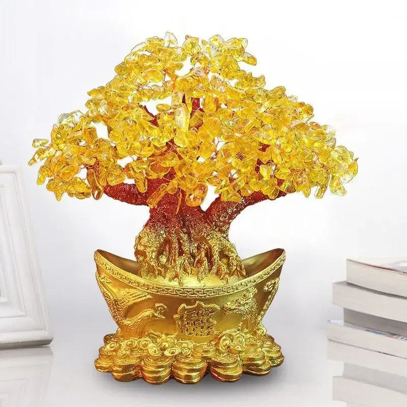 Lucky Money Tree Chinese Gold Ingot Crystal Fortune Tree Ornament Wealth Ornament Home Office Table Decoration Tabletop Crafts