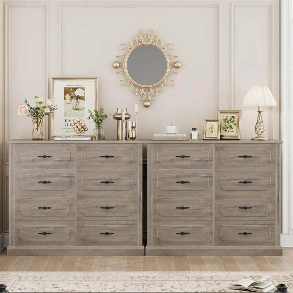 Grey Dresser Chest of Drawers, 47.2” Farmhouse Wood Dresser 8 Drawer with Steel Handles, Modern Drawers Floor Storage Cabinet f