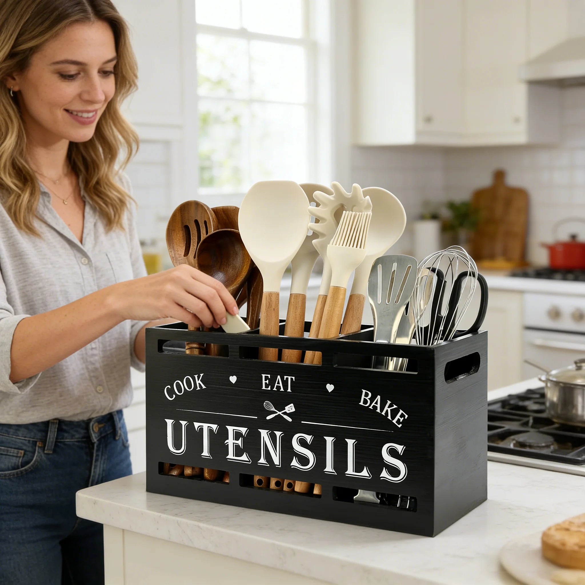 Wooden kitchen utensil rack, countertop utensil organizer with 3 compartments, rustic decor and cooking tool storage.