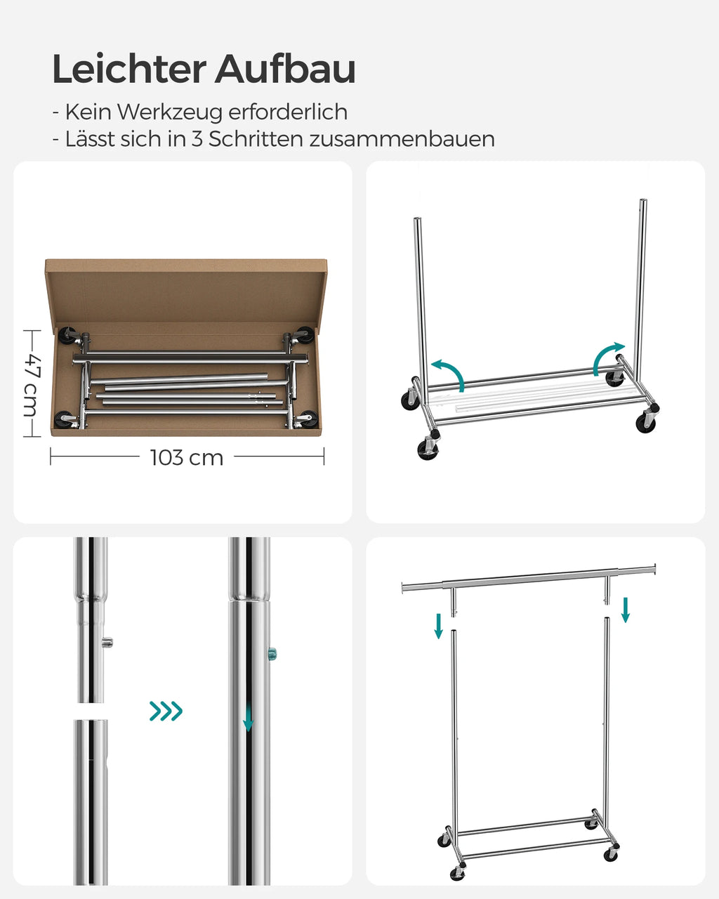 SONGMICS dresses stand on wheels, heavy-duty coat rack stand, extendable dresses Rod, up to 100 kg