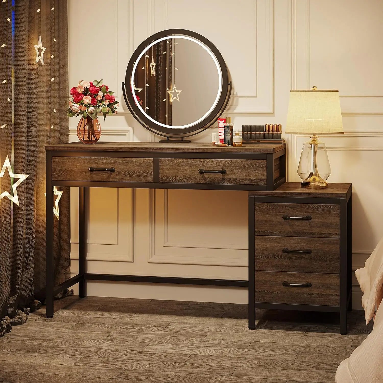 Vanity Desk with 5 Drawers, Makeup Vanity Table Dressing Table with Side 3-Drawer Chest (Without Mirror)for Women, Girls