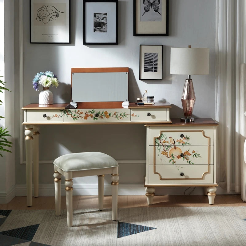 French Retro Makeup Desk home makeup luxury wood Dressing table design Hairstyles vanity with lmirror stool bedroom furnitures