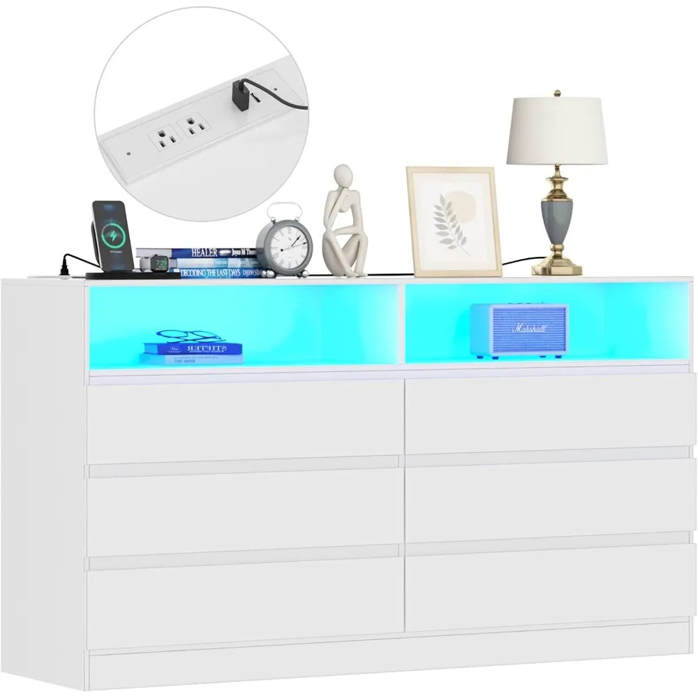 6 Drawer Double Dresser with Power Outlet, Accent Chests of Drawers with LED Light, Modern White Storage Dresser with Charging S
