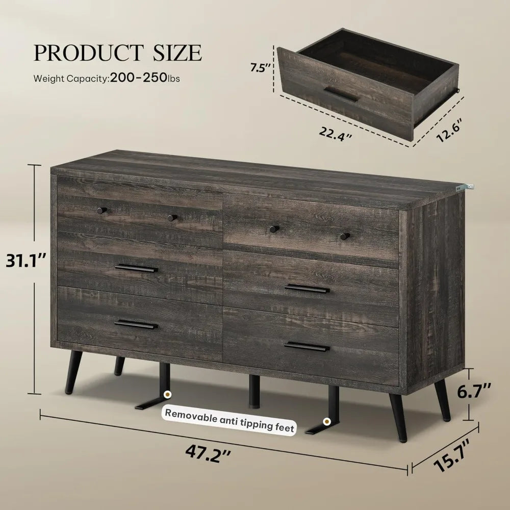 6-Drawer Dresser, Wood Storage Cabinet with Black Metal Handles & Anti-Tip Design, Modern Chest of Drawers for Living Room, Bed
