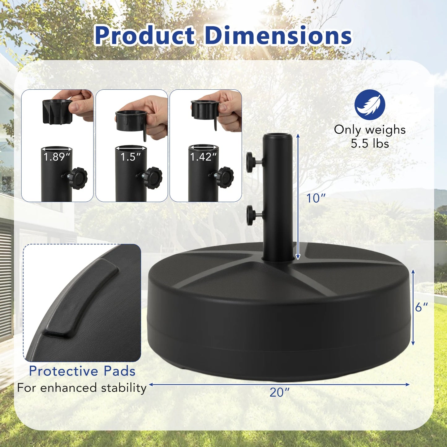 Patio Round Umbrella Base w/2 Adjustable Knobs & 3 Adapters Outdoor for Poolside