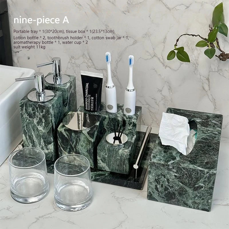 Luxury Marble Bath Set: Shampoo Bottles, Tray & Canister Organizer, Natural Stone Accessories for Home & Hotel Bathroom Decor