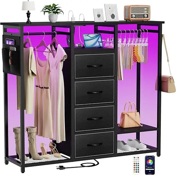 Dresser for Bedroom with 2 Clothes Racks, 4 Drawer Closet with Led Light and Charging Station, Black Wardrobe with Hanging Rack,