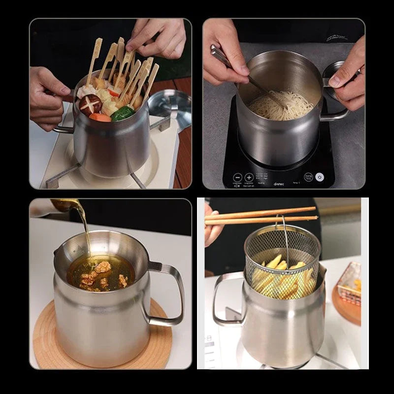 2L Multifunction Oil Filter Deep Fryer Frying Pan Heating Oil Pot Stainless Steel Fry Basket Oil Jug Food Container