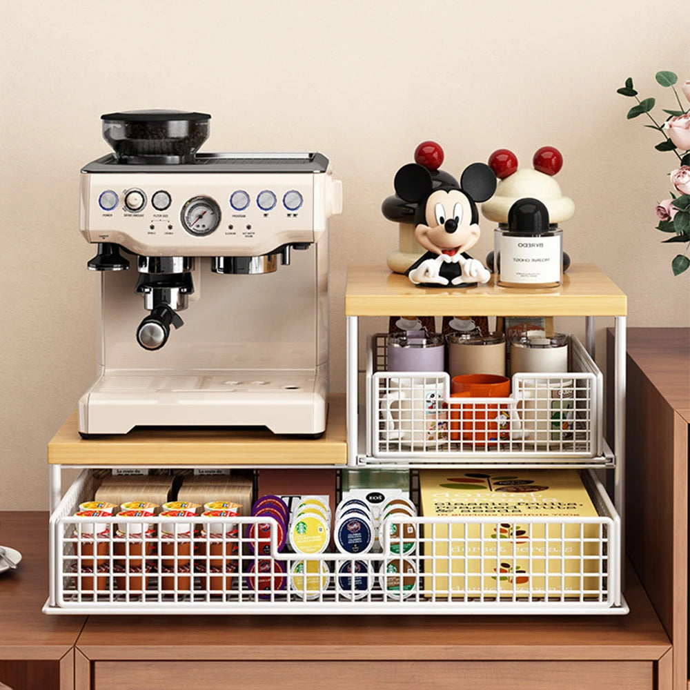 Space-Saving Kitchen Countertop Organizer with Drawer & Wire Basket - Sturdy Hardwood Shelf for Coffee Maker.