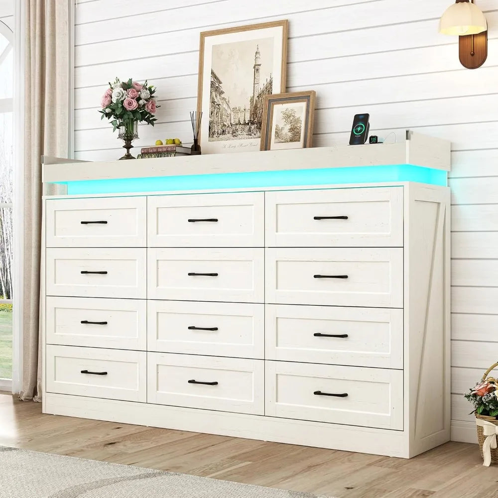 71" Wide 46" Tall Large Farmhouse 12 Drawers Dresser for Bedroom with LED Light and Power Outlets,Wood Rustic 12 Chests of Drawe