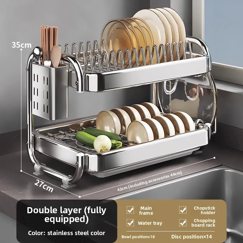 Stainless Steel Dish Rack Heavy Duty Compact Kitchen Sink Organizer with Drainage Tray Drying Rack for Plates Cups And Cutlery