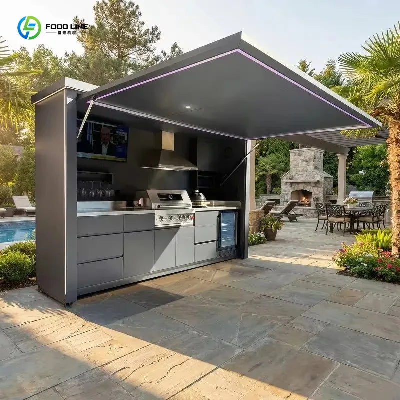 Customized outdoor kitchen cabinet and pergola all-weather kitchen island with built-in grill sink and backyard storage