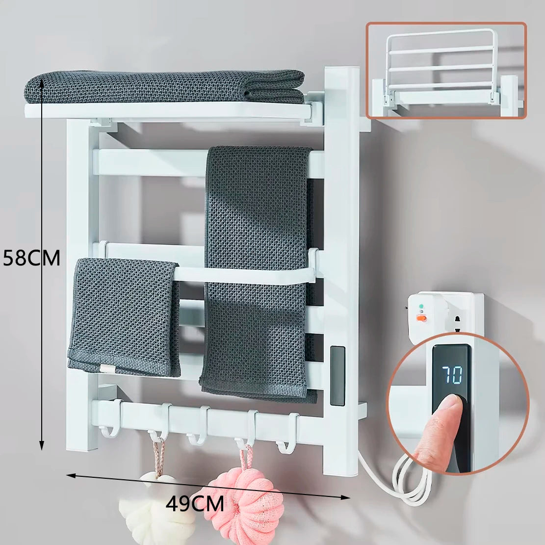 Black Bathroom Electric Heated Towel Rack with Digital Display Touch Thermostatic Dry Towel 304 Stainless Steel Heater