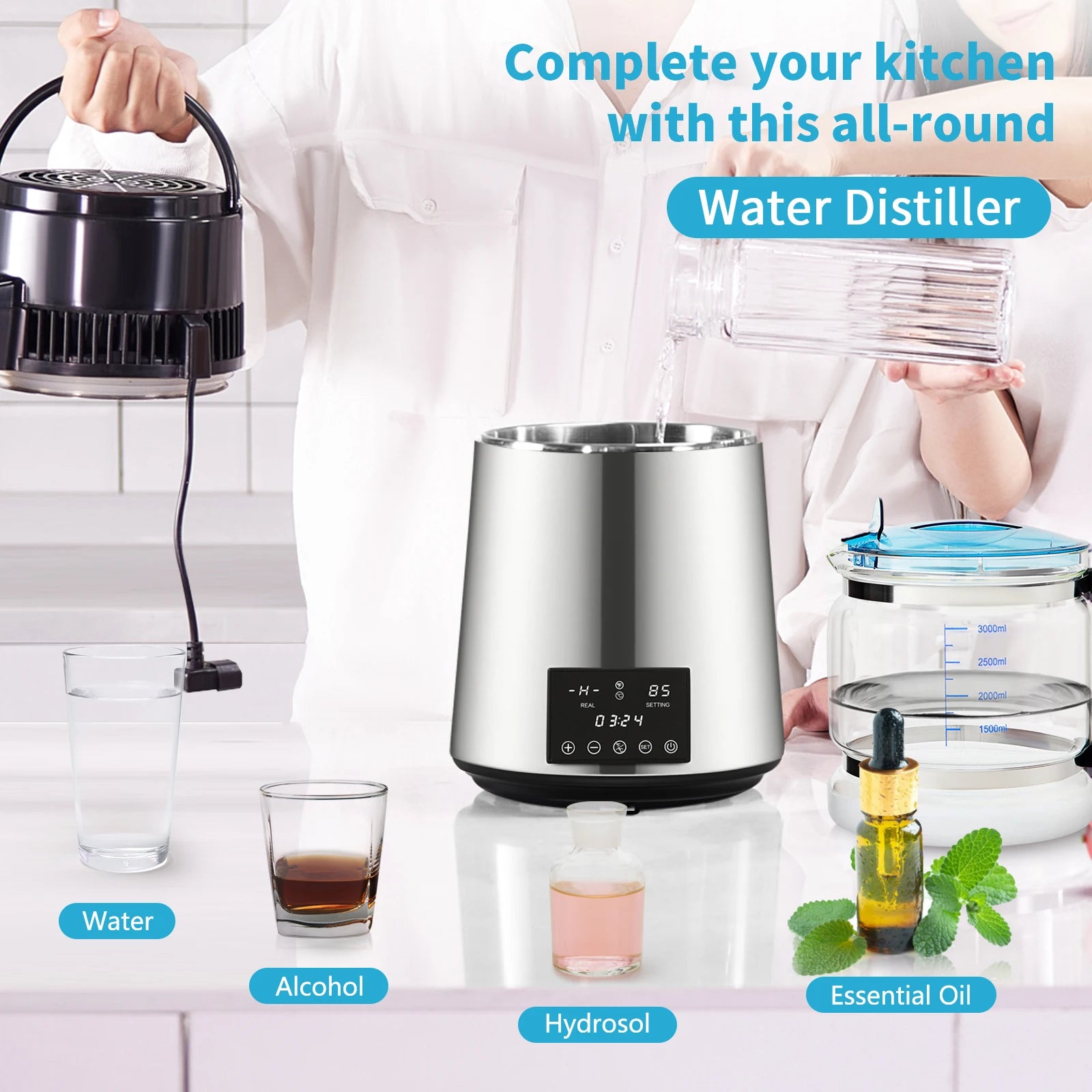 SucceBuy 4L Water Distiller Purifier Filter Dispenser Drink Bottle Softener Dual Temp Display Overheat Protection Home Appliance