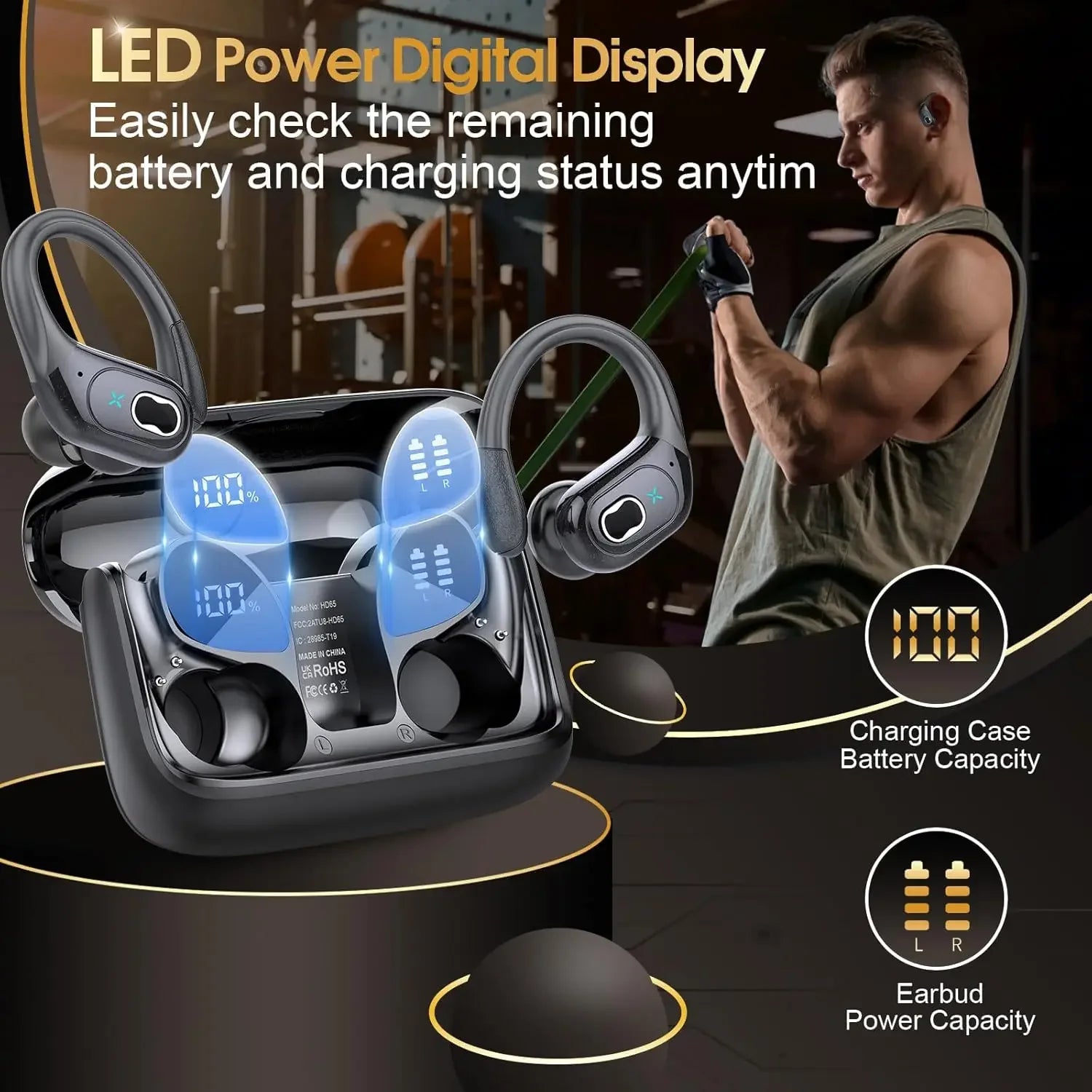 Original HD65 TWS Bluetooth V5.4 Headphones Wireless LED Digital Display Earphones Noise Reduction Waterproof Headset New