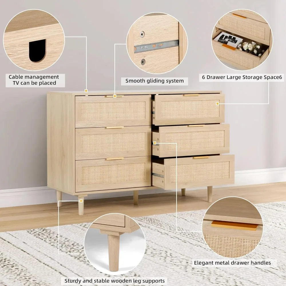 Rattan Dresser for Bedroom,Modern 6 Drawer Double Dresser with Gold Handles,Wood Storage Chest of Drawers fo Bedroom,Living Room