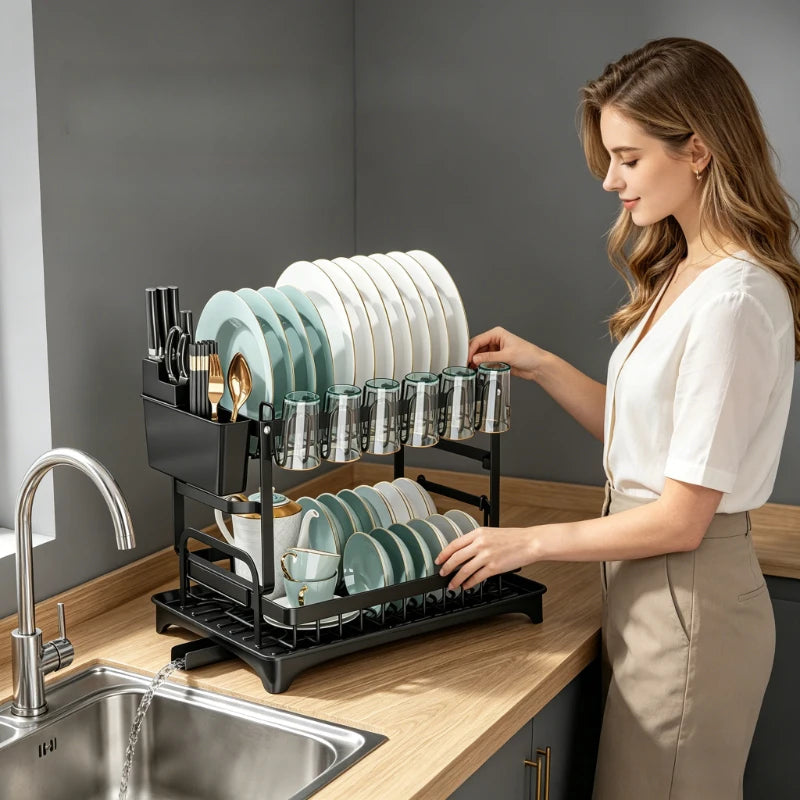2 Tier Countertop Dish Drying Rack, Kitchen Bowl Drainer with Utensil Holder for Chopsticks Knives Forks Cups Tableware Storage