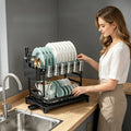 2 Tier Countertop Dish Drying Rack, Kitchen Bowl Drainer with Utensil Holder for Chopsticks Knives Forks Cups Tableware Storage
