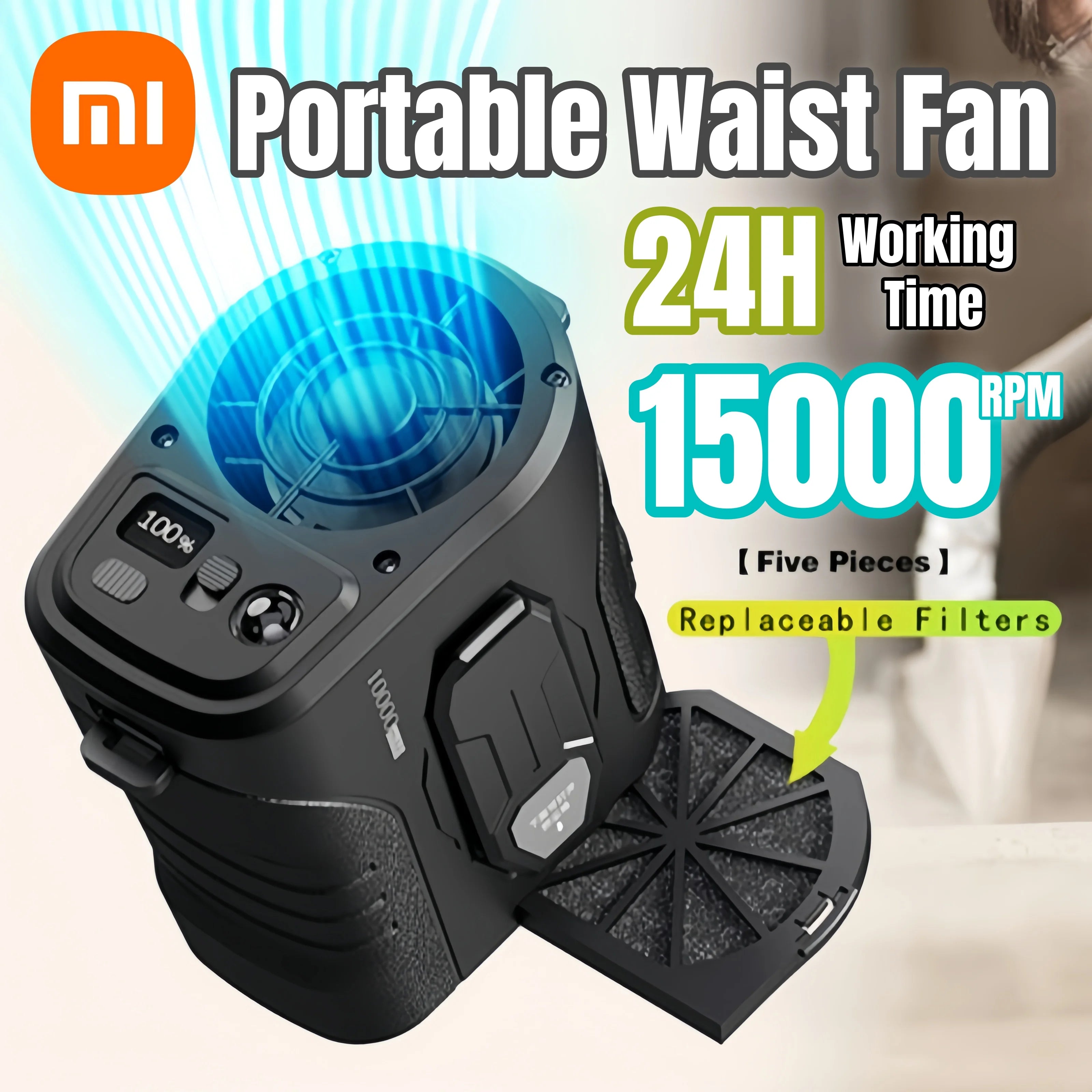 Xiaomi Waist Fan 10000mAh Rechargeable Portable Fan 15000RPM Strong Ai