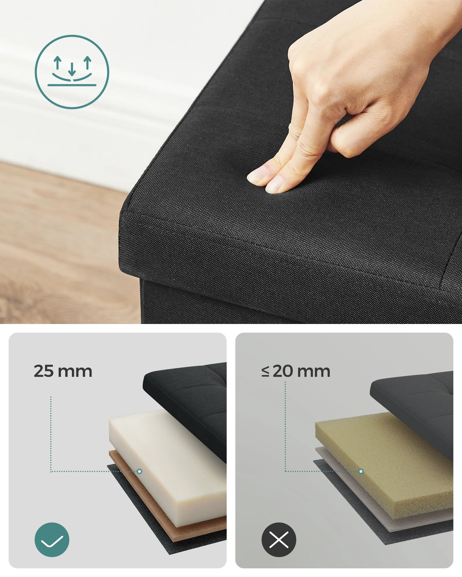 SONGMICS Storage Bench, Foldable Pouffe, 38 x 110 x 38 cm, End of Bed, Footrest, Storage Box, Load up to 300 kg, for Living Room