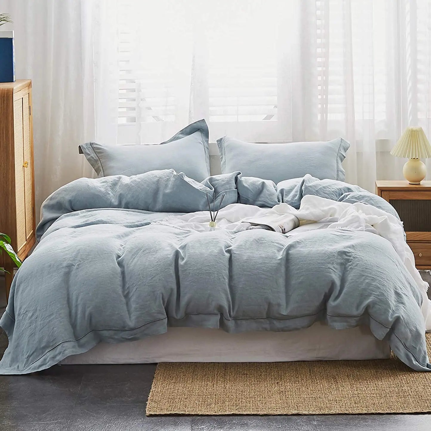 Simple&Opulence 100% Linen Bedding Set 3Pcs Washed Comforter Boho Breathable Queen King Size Duvet Cover Bed Sheet Pillow Shams