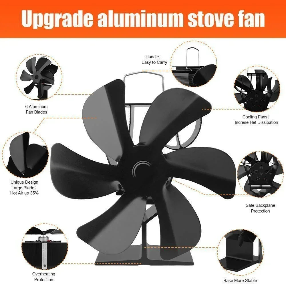 6 Blades Heat Powered Stove Fan Eco Quiet Black Log Wood Burner Fireplace Fan Winter Warmer Home Efficient Heat Distribution