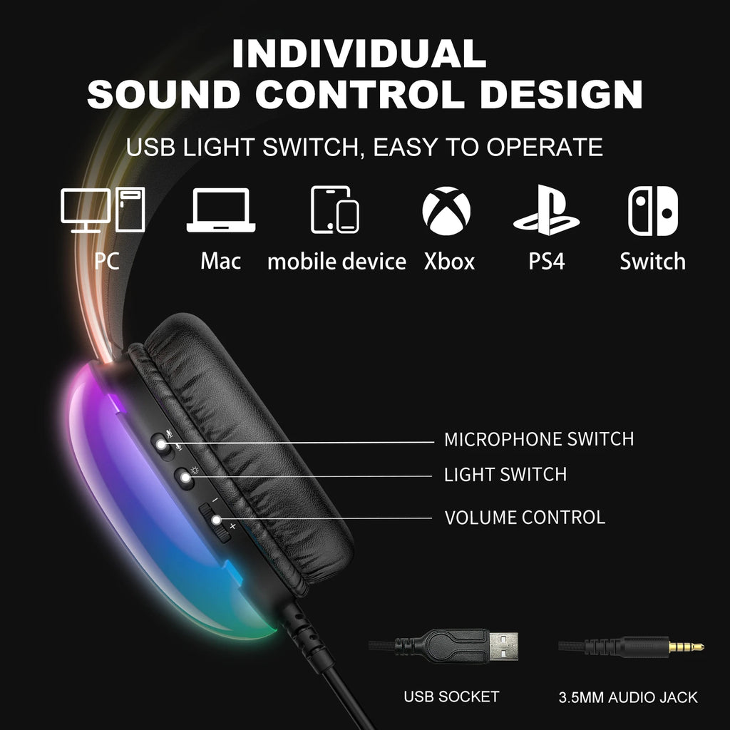 ONIKUMA Professional Gaming Headset with RGB Dynamic Lighting Wired Over-Ear Headset with Noise Canceling Microphone for PC