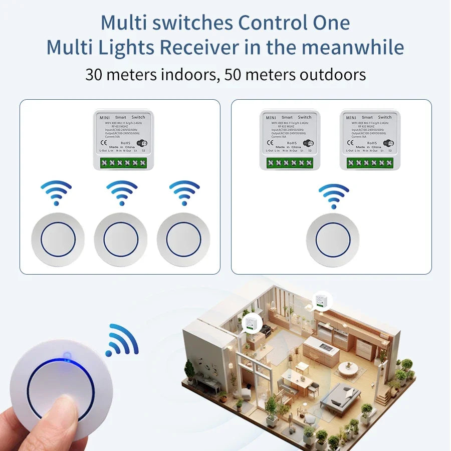 Tuya WiFi Smart Switch 16A 20A 100-240V Relay Controller RF433Mhz Wireless Remote Control Mini Round Panel Switch For LED Lamp